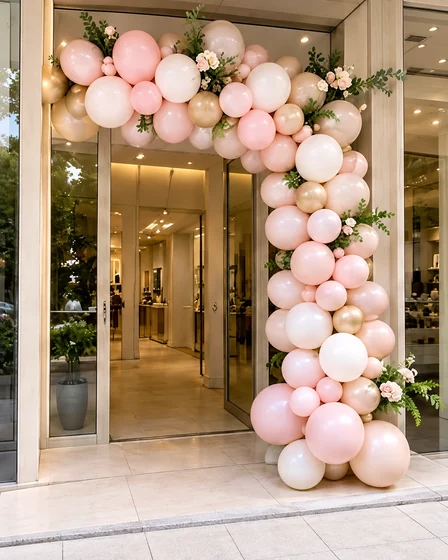 Butik girişinde pudra pembe, beyaz ve şampanya balonlarla hazırlanmış çiçekli açılış dekoru
