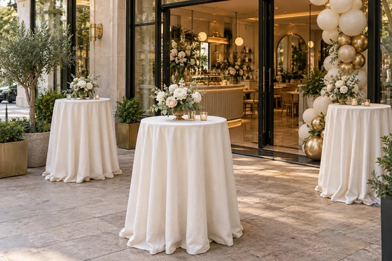 Butik açılışı için krem örtülü bistro masalar, beyaz çiçekler ve şampanya tonlarında balon dekorasyonu konsepti