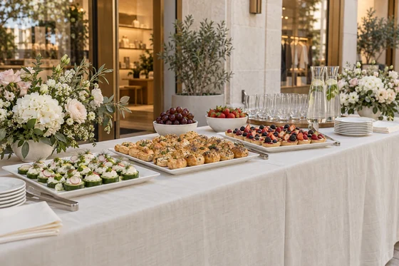 Açılış organizasyonu için kanepeler, mini hamur işleri ve meyveli tartlarla hazırlanmış şık catering masası konsepti
